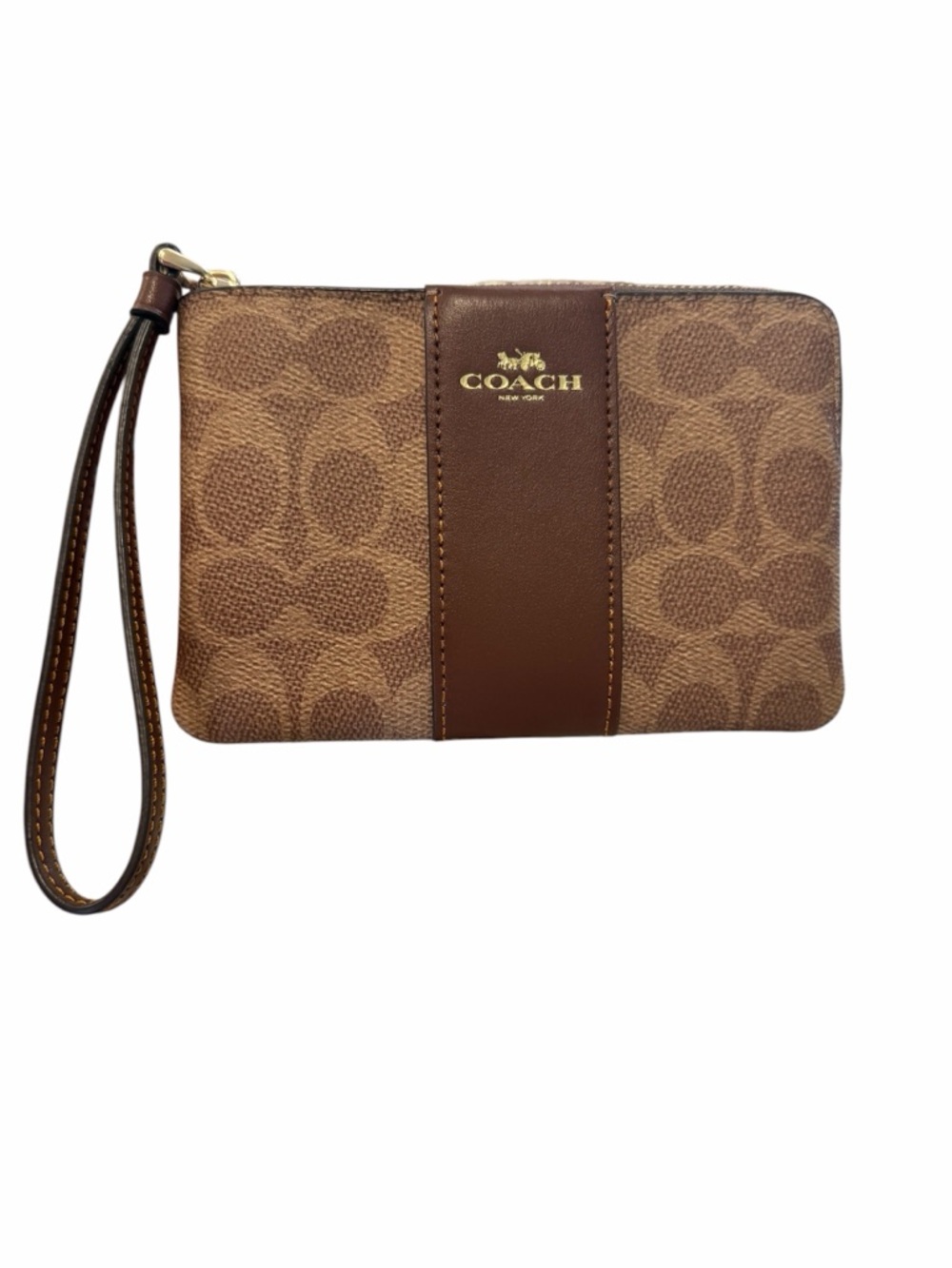 Coach Brown Signature Canvas Wristlet with Dark Brown Leather Trim